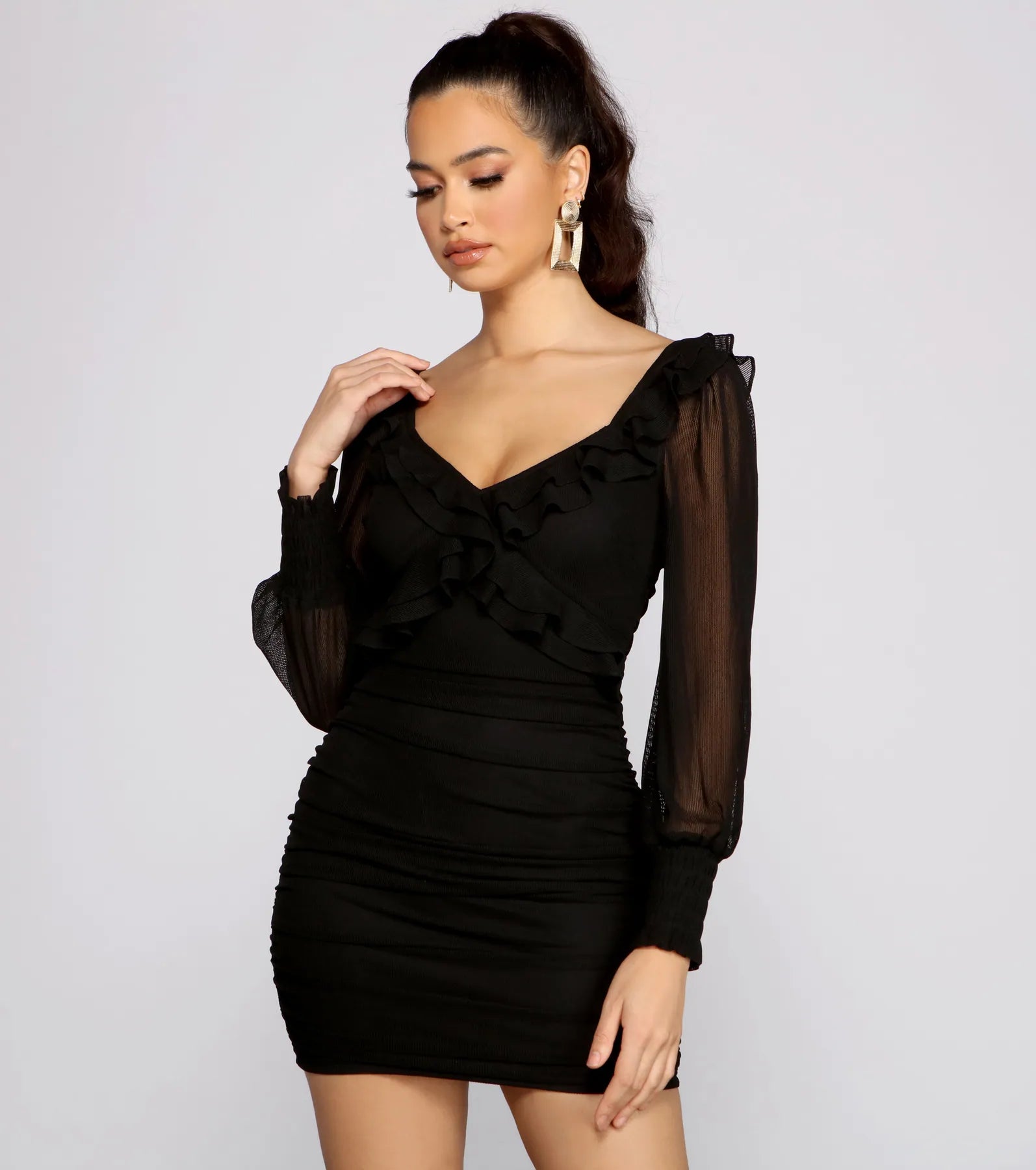 Romantic Ruffle Detail Mesh Bodycon Dress Sporty Women's Tennis