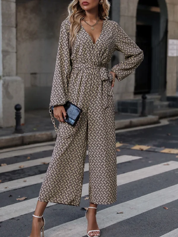 Printed Surplice Neck Tie Waist Wide Leg Jumpsuit Sporty Women's Athleisure 