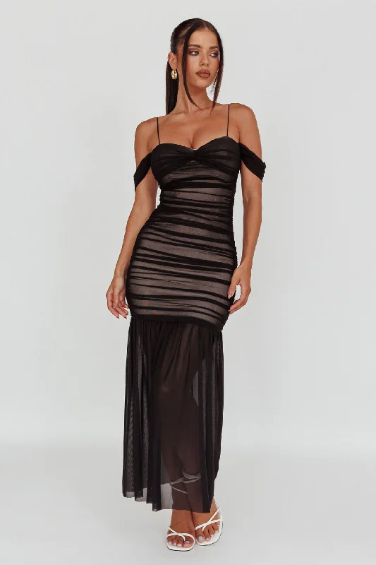 La Salle Ruched Mesh Maxi Dress Black Refined Women's Velvet