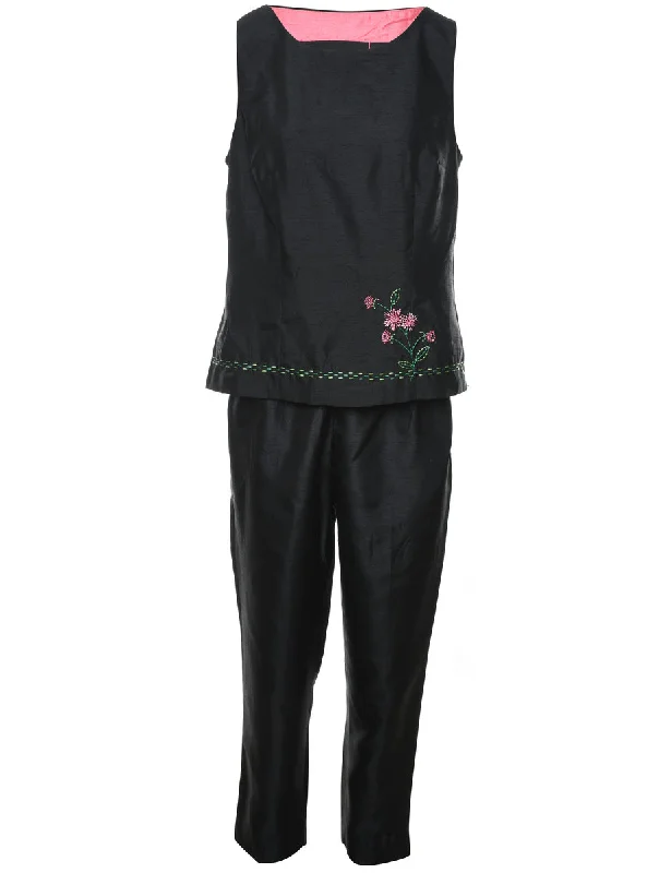 Embroidered Black Floral Top & Trouser Set - M Cozy Women's Winter