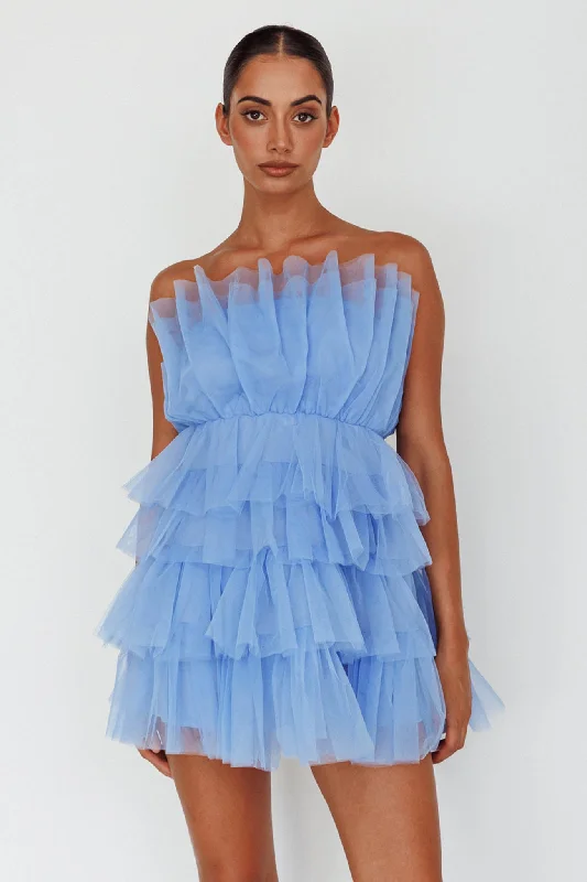 Bon Bon Tiered Mesh Mini Dress Steel Blue Business