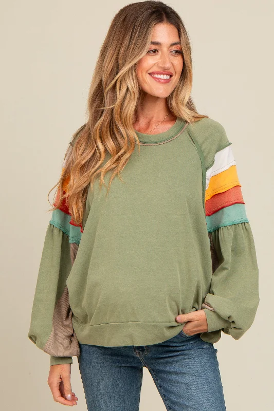 Olive Colorblock Bubble Sleeve Maternity Pullover Modern Women's 