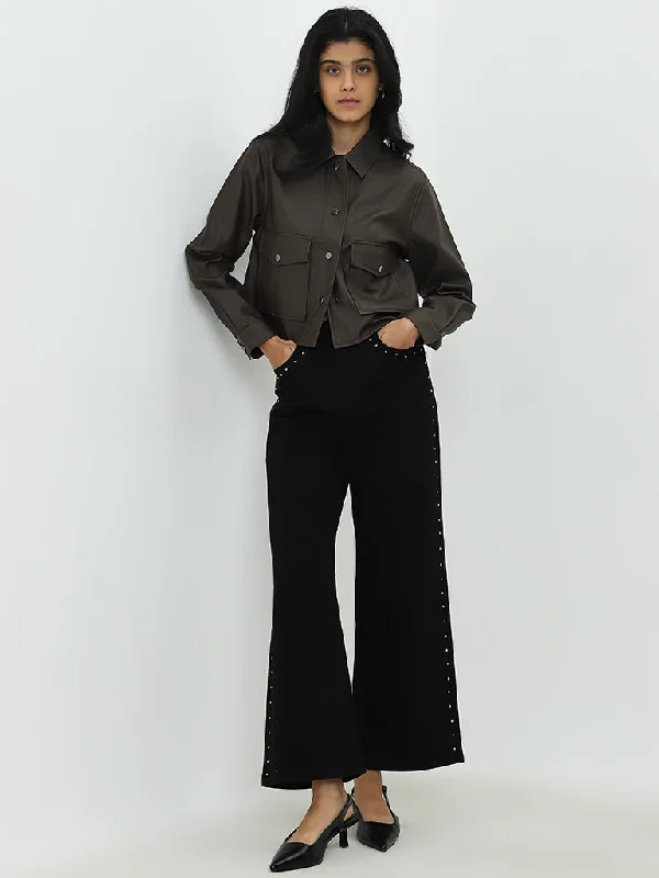 LOV Black Embellished Wide Leg - Fit High - Rise Jeans Women