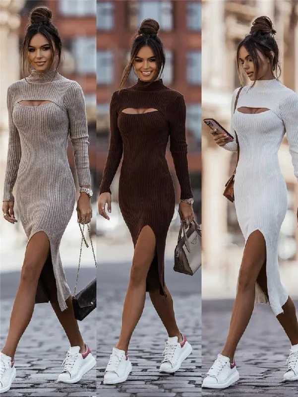 Javiya High Neck woolen  Bodycon Dress British Gentlewoman Style