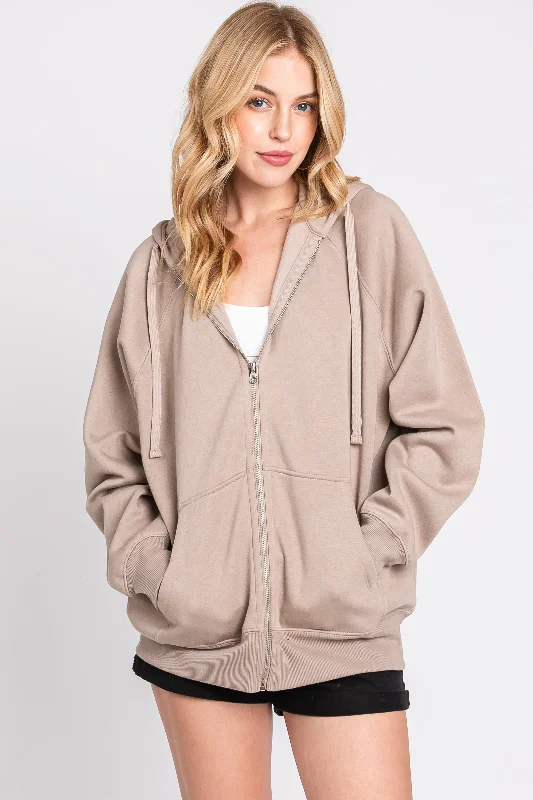 Taupe Front Zipper Hooded Sweater Vacation