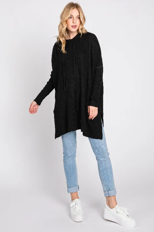 Black Knit Hooded Side Slit Sweater Edgy Women's Punk