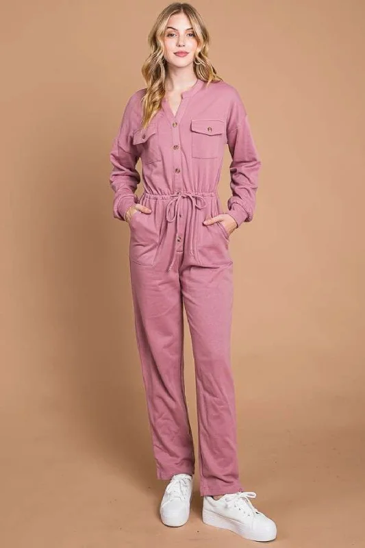 Culture Code Full Size Button Up Drawstring Waist Straight Jumpsuit Women