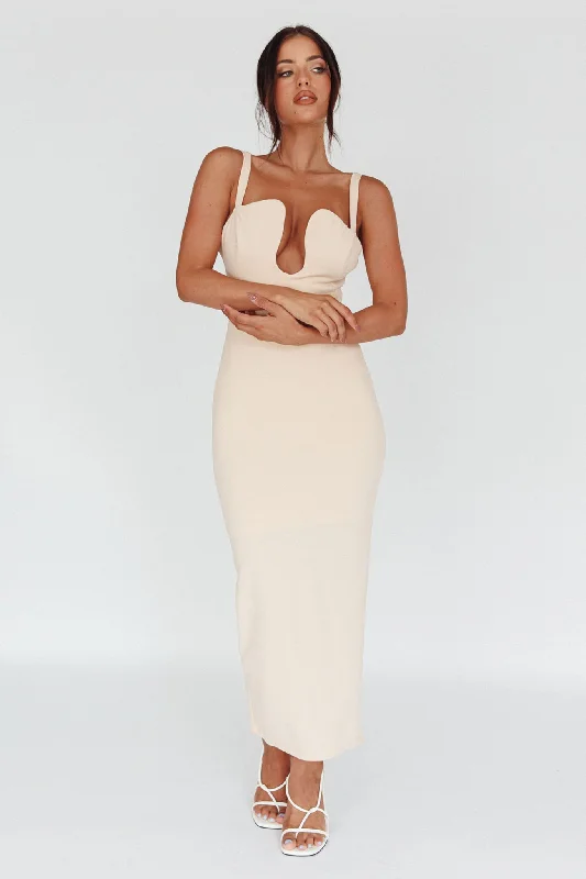Winter Garden U-Neckline Maxi Dress Beige Feminine Women's Style 