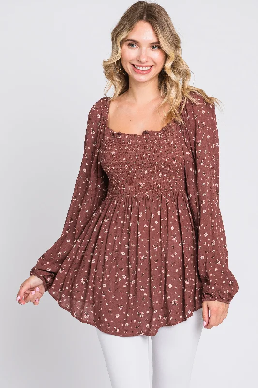 Brown Floral Smocked Long Sleeve Top Earthy Women's Hemp - based