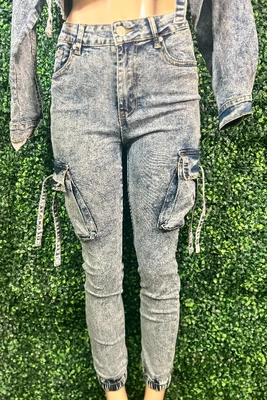 Acid Wash Cargo Jeans - Blue Modern Women's 