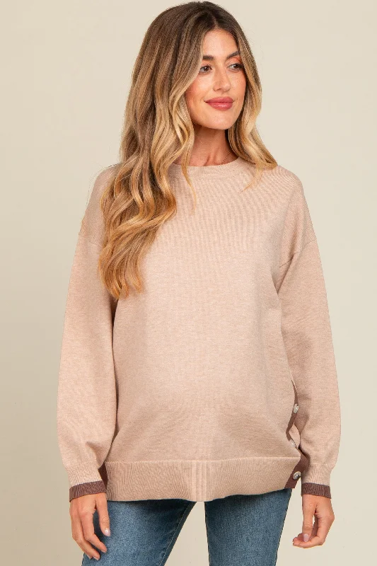 Beige Button Up Side Detail Maternity Sweater Sleek Women's 