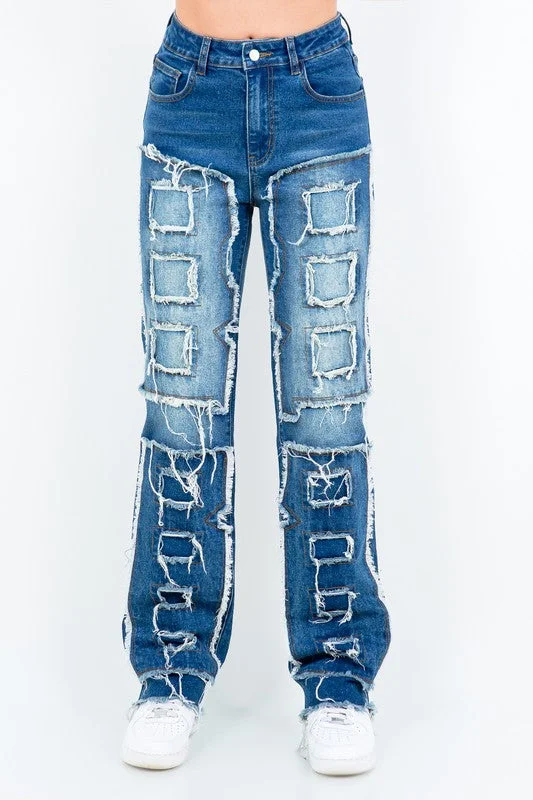 Frayed Edge Patchwork Washed Jeans Elegant Women's 