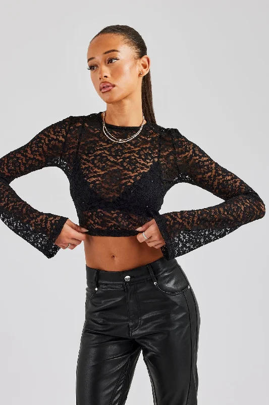 Rhinestone Long Sleeve Lace Top - Black Preppy Women's College