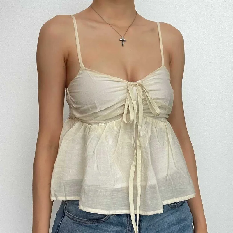 Solid ruched ruffle v neck smocked self tie cami top Modern Women's 