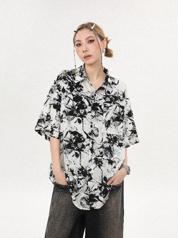 Abstract Print Oversized Button Shirt Hip Women's Urban