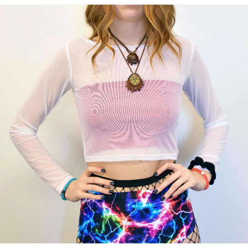 Long Sleeve Crop Top - White Mesh Dapper Women's 1920S