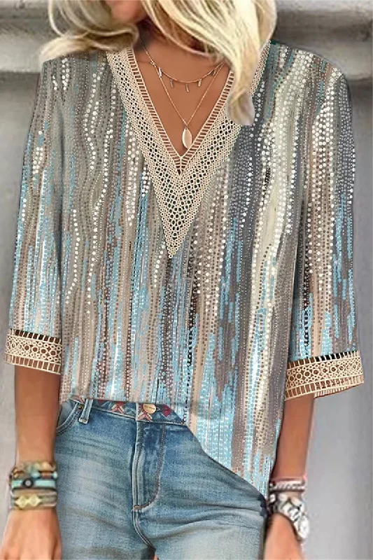 Casual Street Print Patchwork V Neck T-Shirts Confident Women's High - fashion