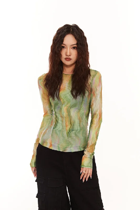 Tie-Dye Translucent Long Sleeve Top Cozy Women's Winter