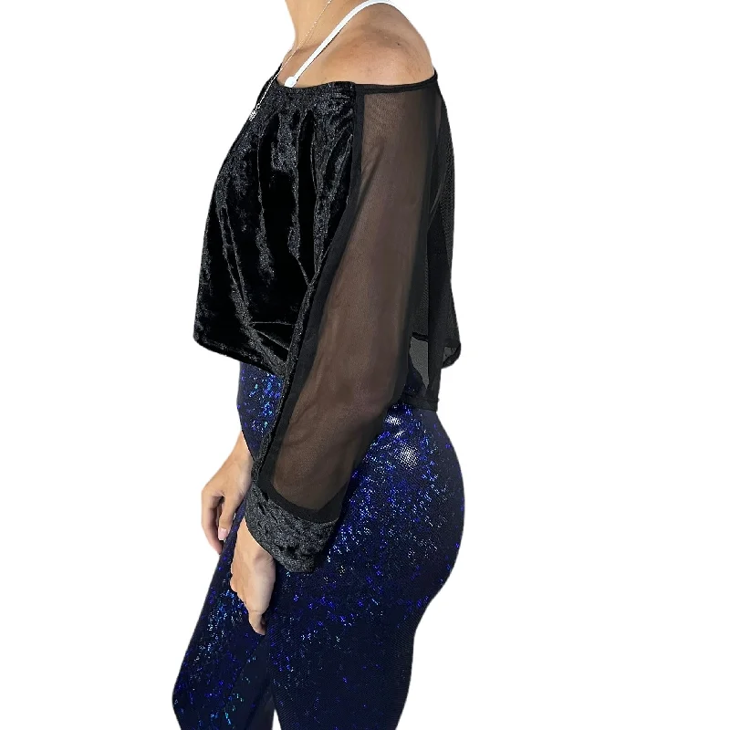 Dolman Crop Top Loose Tee in Black Crushed Velvet and Black Mesh Hip Women's Urban