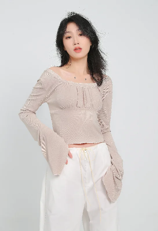 Ruched Flare Long Sleeve Crop Top Casual Women's Loose - fitting