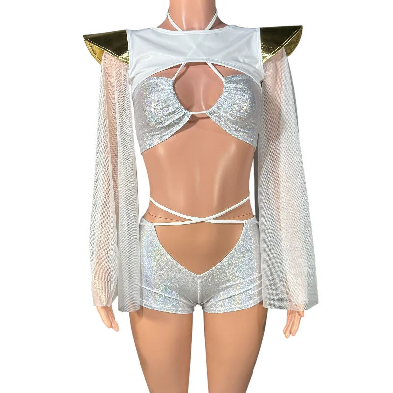 Bowie Sleeve Bolero Top - White & Gold Metallic with Mesh Tough Women's Military - inspired
