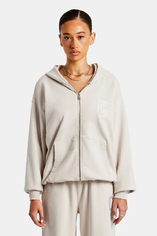 C Embroidered Zip Through Hoodie - Stone Contemporary 
