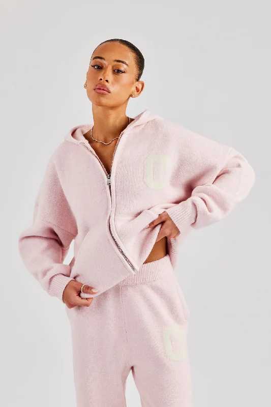 Hooded Zip Through Knitted Jumper - Baby Pink Casual Women's Loose - fitting
