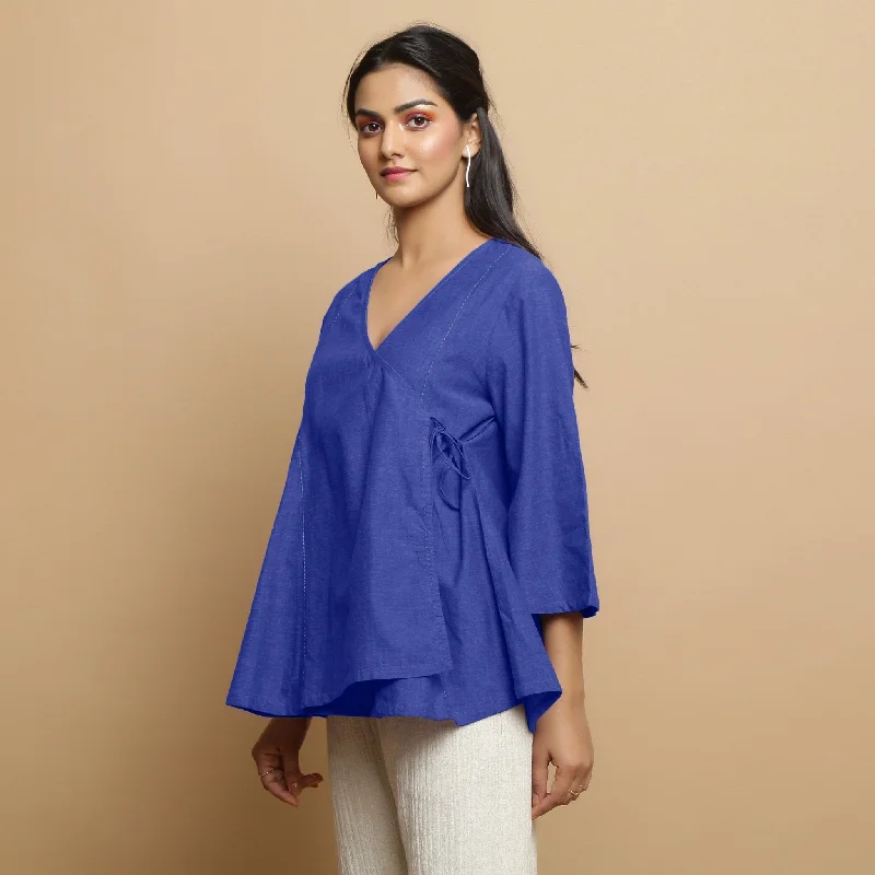 Royal Blue Embroidered Cotton Poplin Asymmetrical Godet Top Trendy Women's 