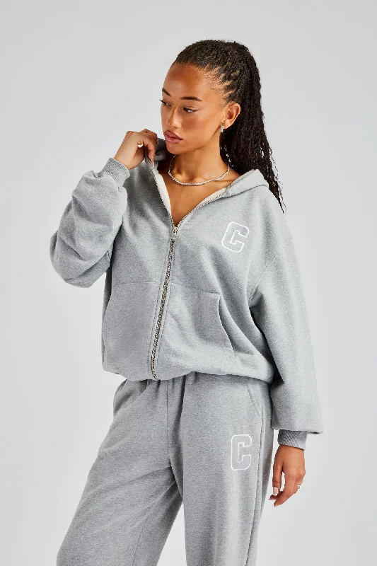 C Embroidered Zip Through Hoodie - Grey Marl Practical Women's Quick - dry
