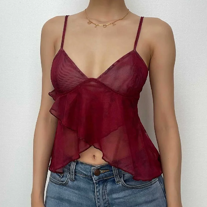 Sheer mesh see through v neck ruffle backless cami crop top Geometric
