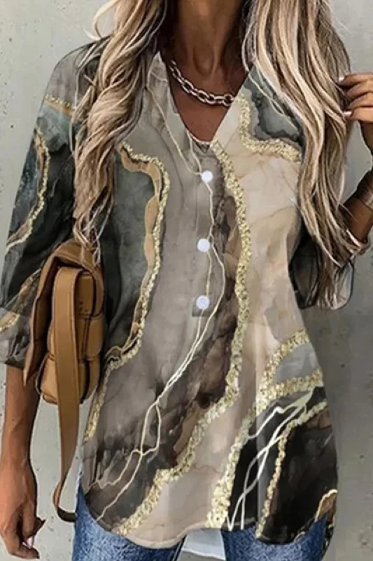 Casual Print Patchwork Turndown Collar Blouses Gym