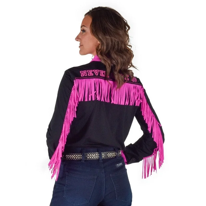 Cowgirl Tuff Western Shirt Womens L/S Fringe Black Hot Pink 100818 Street