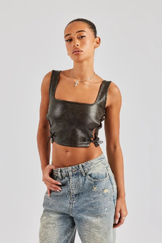 Washed PU Square Neck Top - Brown Geometric