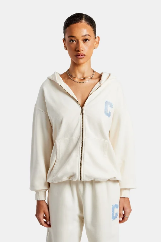 C Embroidered Zip Through Hoodie - Off White Stylish Women's Neon