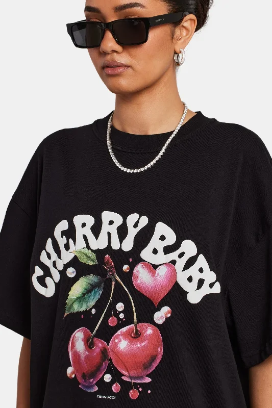 Oversized Cherry Graphic T-Shirt - Black Feminine Women's Style 