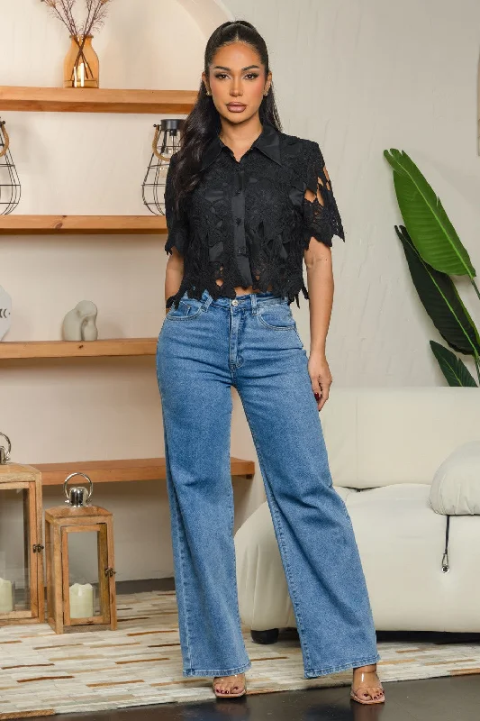 Jeremy short sleeve lace button up blouse Laid - back Women's Style