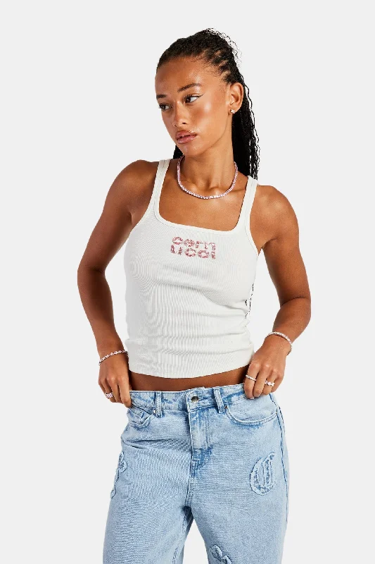 Rib Glitter Applique Vest Top  White purpose