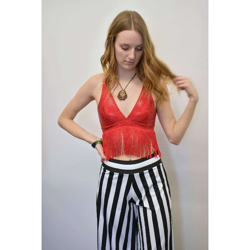 Red Holographic Fringe Bralette Trendy Women's 
