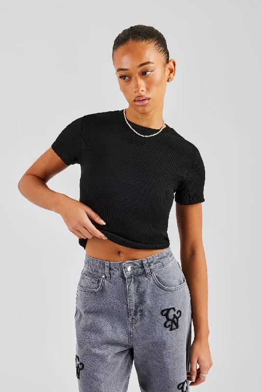 Cernucci Embroidered Rib Baby Tee - Black Cozy Women's Winter