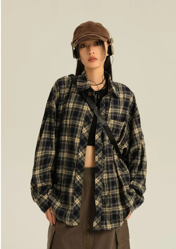 Oversized Single Pocket Plaid Shirt Stylish Women's Tropical 