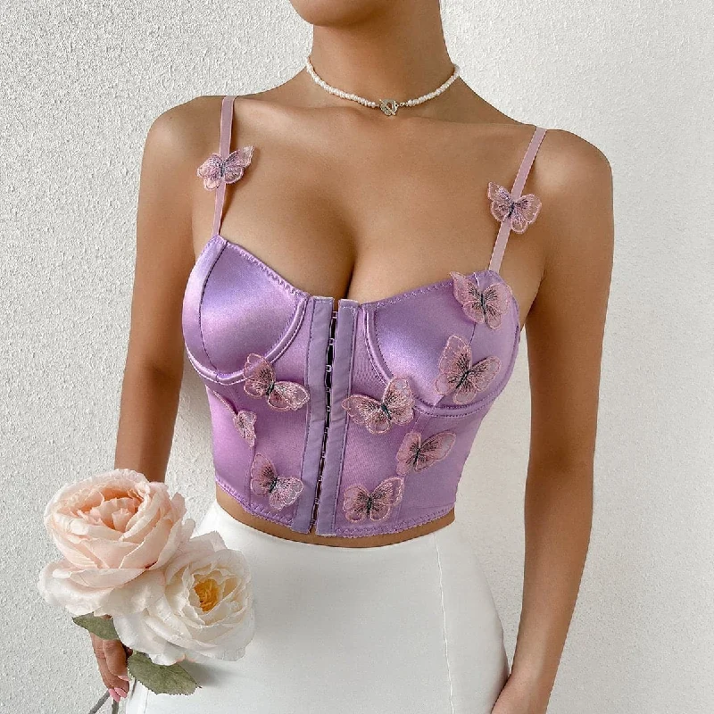 Butterfly applique button bustier satin low cut cami top Artistic Women's Hand - painted