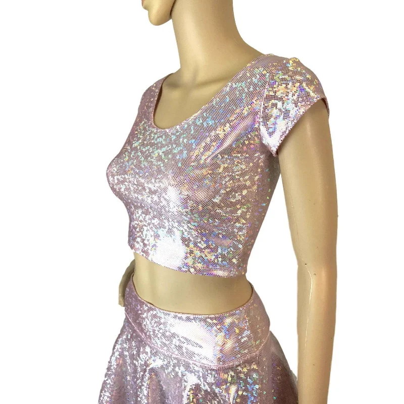 Cap Sleeve Crop Top - Light Pink Shattered Glass Refined Women's Velvet