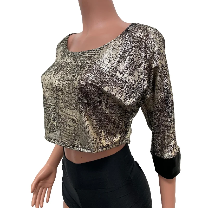 Dolman Crop Top in Black/Gold Mesh Sheer Loose Tee Rave Top Confident Women's High - fashion