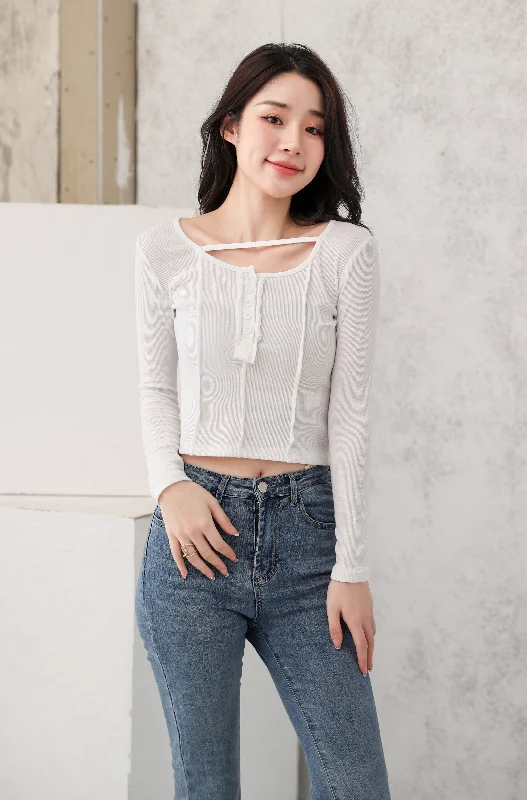 Henley Strap-Neck Patchwork Long Sleeve Crop Top Classic Women's Pin - striped