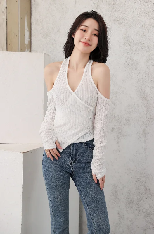 Mock Layer Cold Shoulder Knit Crop Top Trendy Women's 