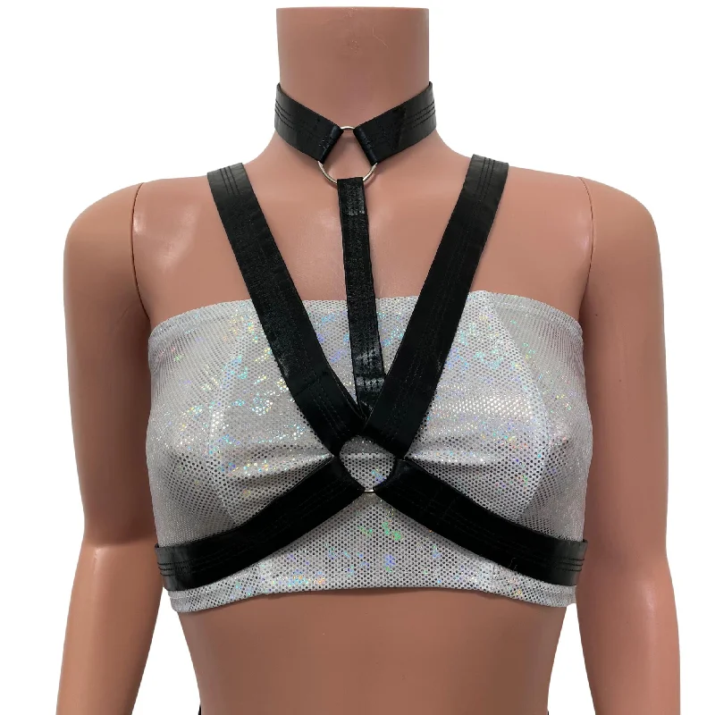 Cage Bra Harness Top in Black Metallic Faux Leather | Rave Body Chest Harness w/ Choker Cool Women's Skate Cage Bra Harness Top in Black Metallic Faux Leather | Rave Body Chest Harness w/ Choker Cool Women's Skate