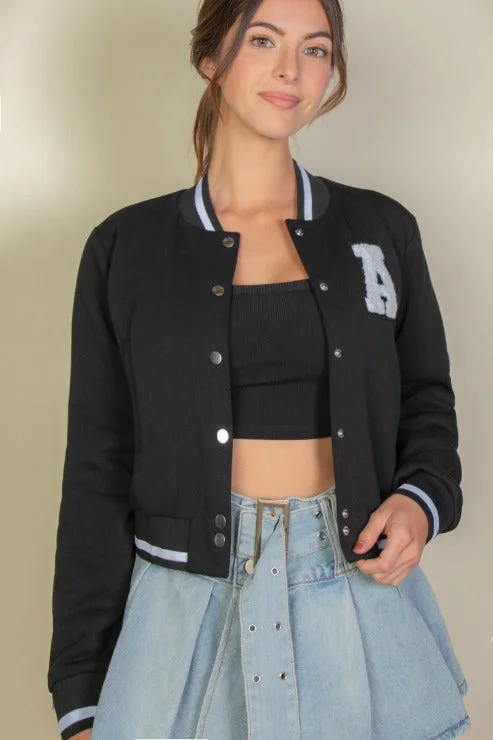 EZwear Letter Patched Crop Varsity Jacket Modern Women's 