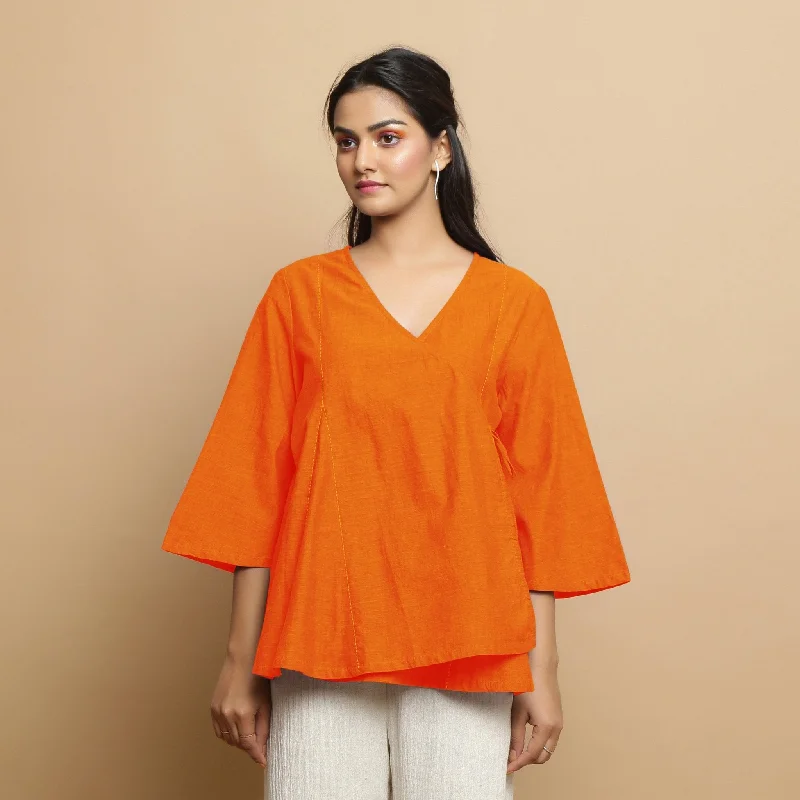 Orange Embroidered Cotton Poplin Asymmetrical Godet Top Dapper Women's Bow - adorned