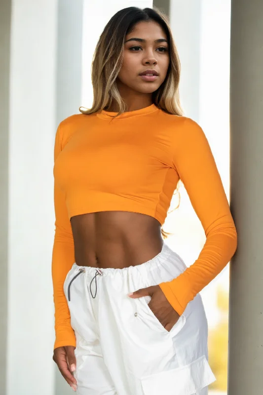 Crew Neck Long Sleeve Cropped Top Stylish Women's Neon