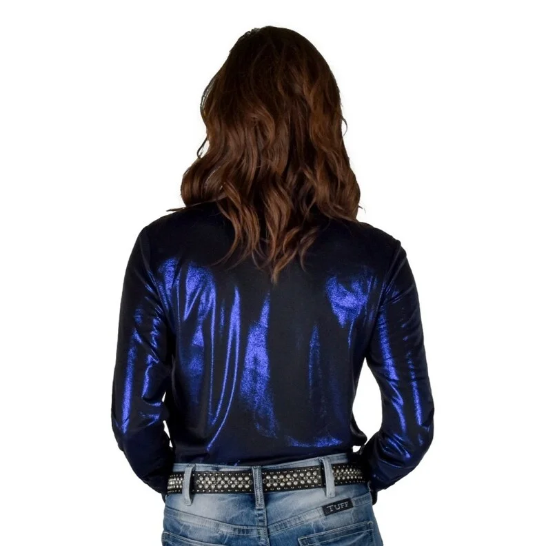 Cowgirl Tuff Western Shirt Womens L/S Shimmery Stretch Blue 100814 purpose